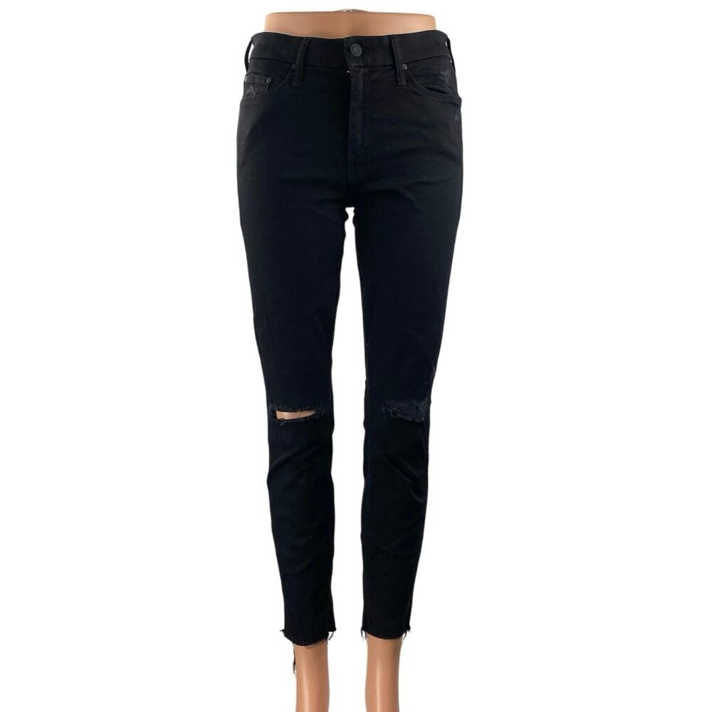 Mother Women's Black Mid Rise Distressed Skinny Raw Hem Denim Jeans Size 27